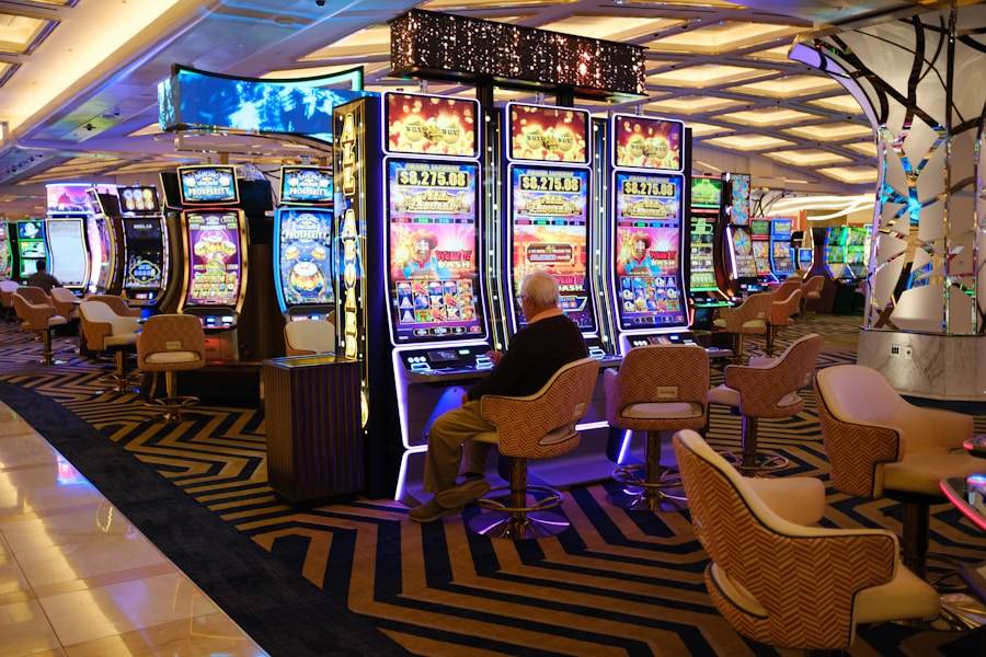 Barisan mesin slot online dengan lampu warna-warni